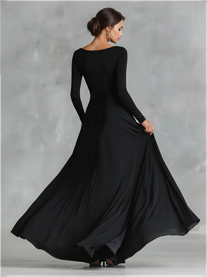 Women's Black Modern Crepe Ruched Boat - Neck Maxi Dress