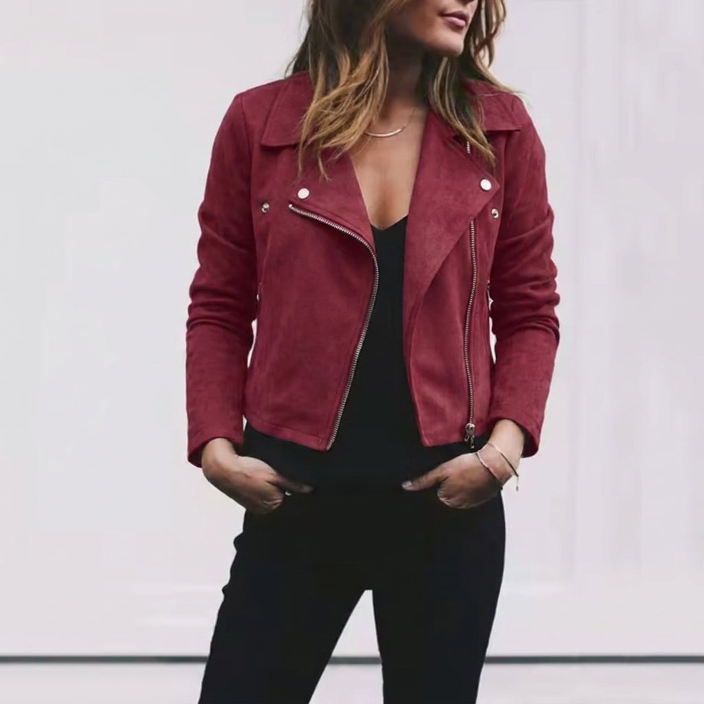 Women's Suede Jacket with Zip Front & Lapel Collar | Cropped