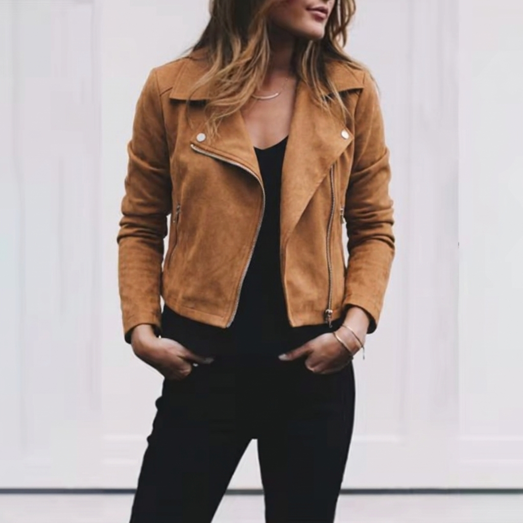 Women's Suede Jacket with Zip Front & Lapel Collar | Cropped