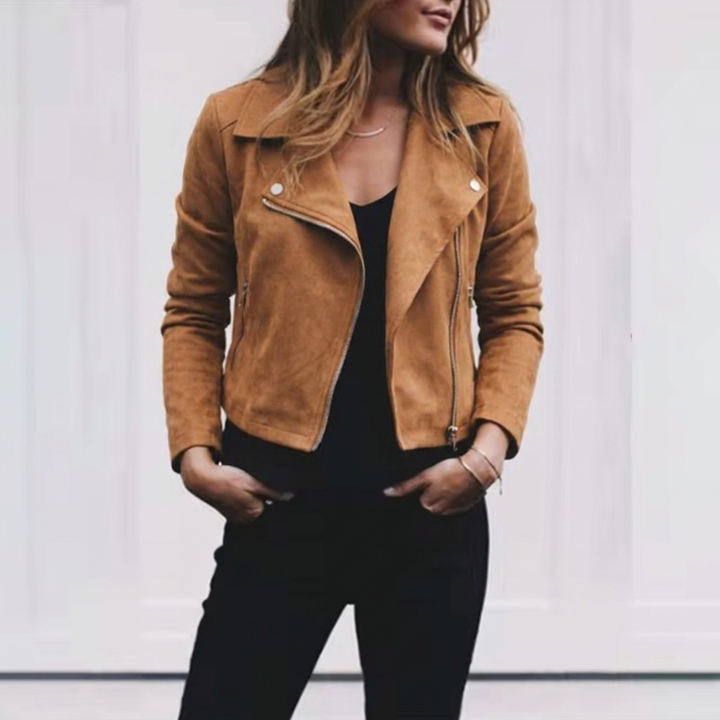 Women's Suede Jacket with Zip Front & Lapel Collar | Cropped